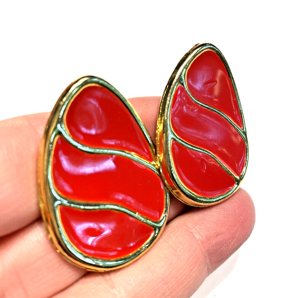 Red Shoe Clips Vintage 1980's Chunky Goldtone & Enamel Finish Egg Shaped Ovals - Picture 7 of 7